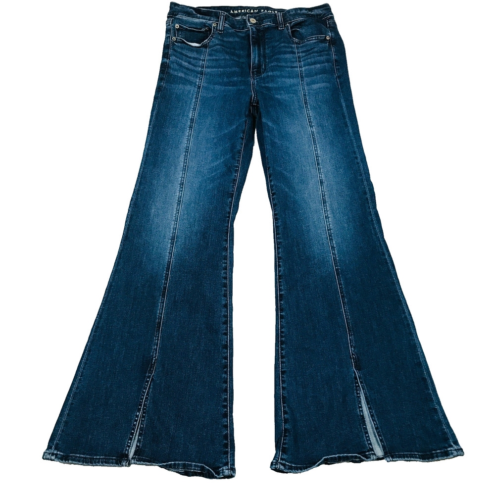 American Eagle Women 12 Festival Flare Blue Jean Split Hem Next Level Stretch AA